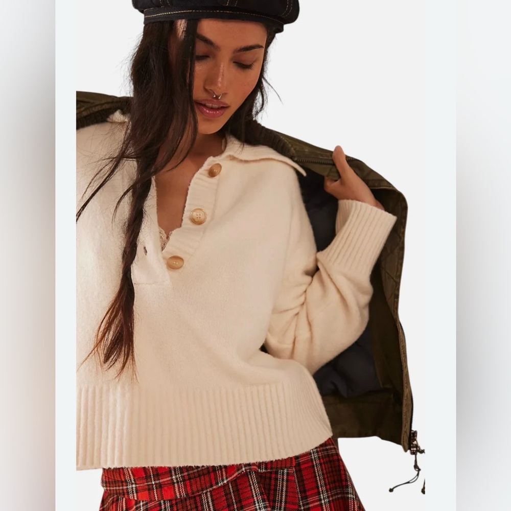 Free People Trading Up Polo Sweater NWT Ivory Oversized Collared Knit Size L